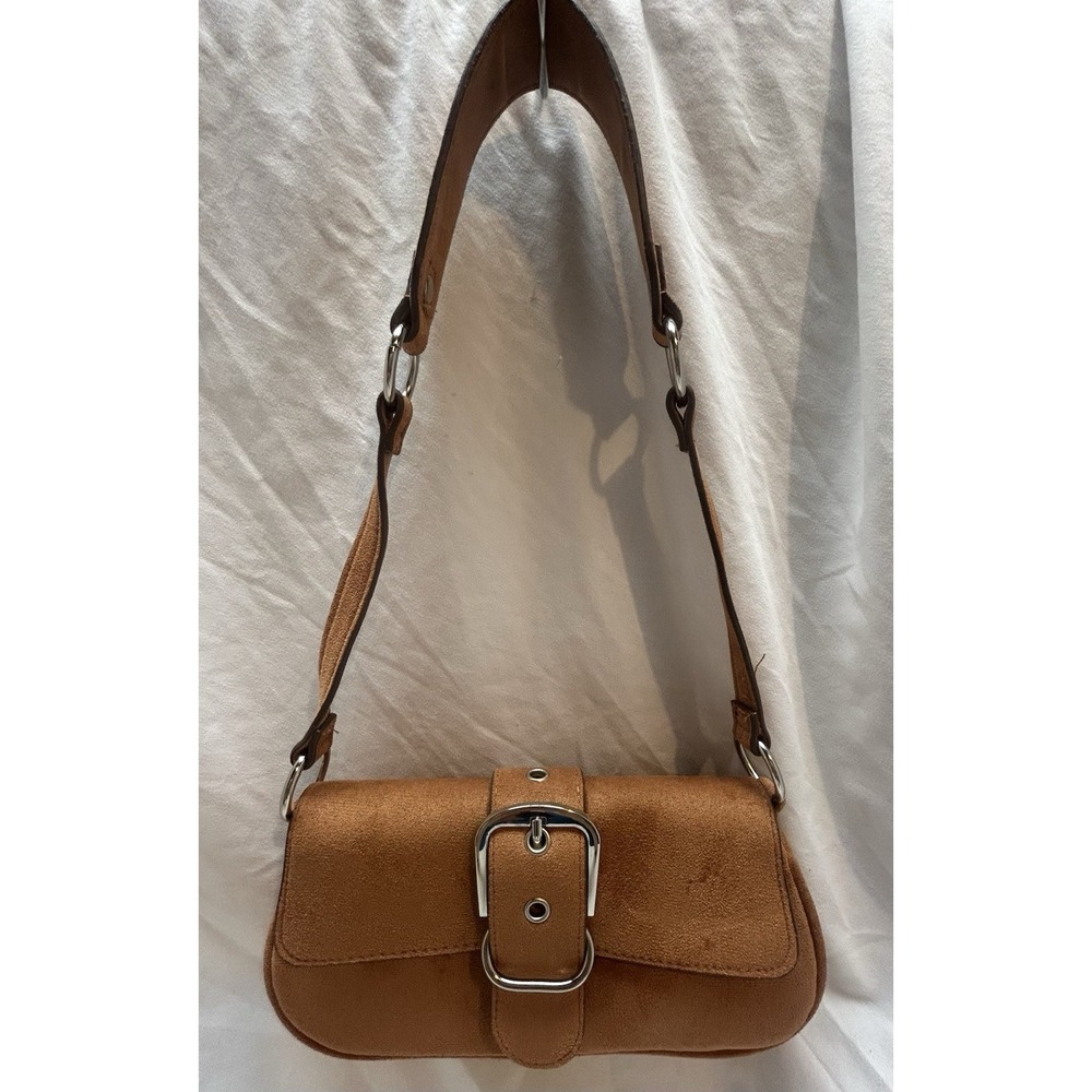 Y2K Style Brown Faux Suede Shoulder Bag Adjustable Strap Silver Buckle